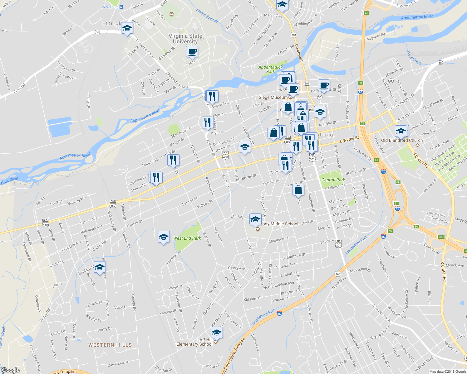 map of restaurants, bars, coffee shops, grocery stores, and more near 600 Farmer Street in Petersburg