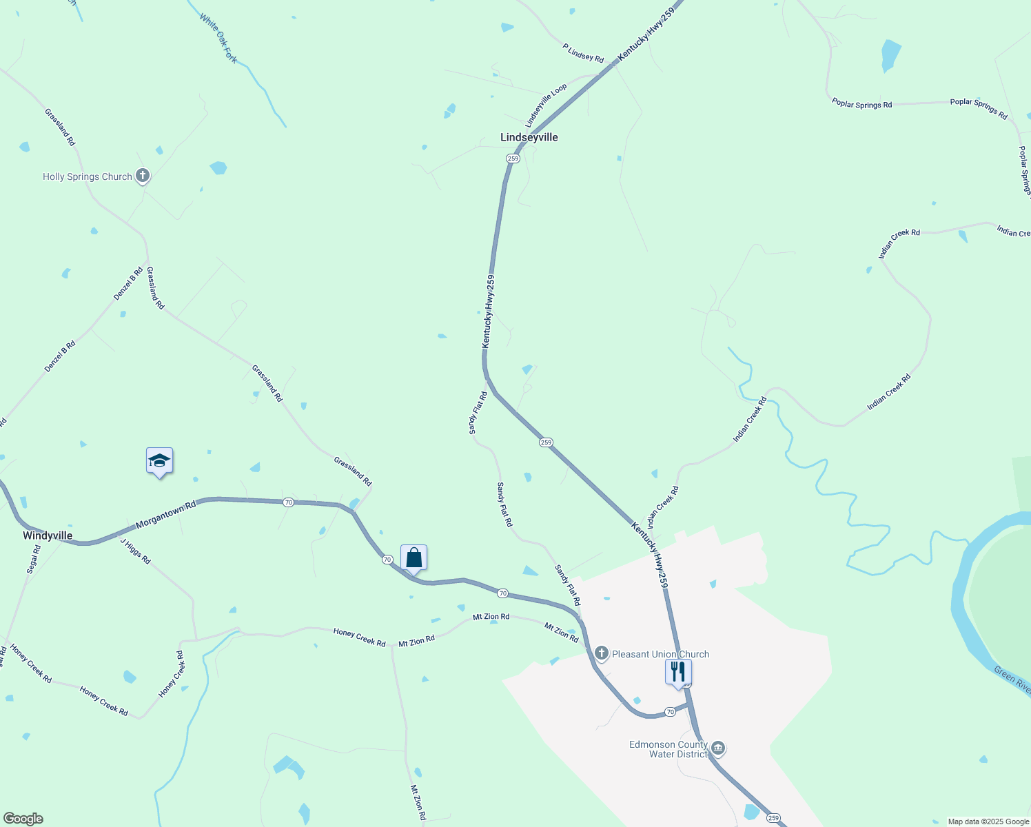 map of restaurants, bars, coffee shops, grocery stores, and more near 2628 Kentucky 259 in Brownsville