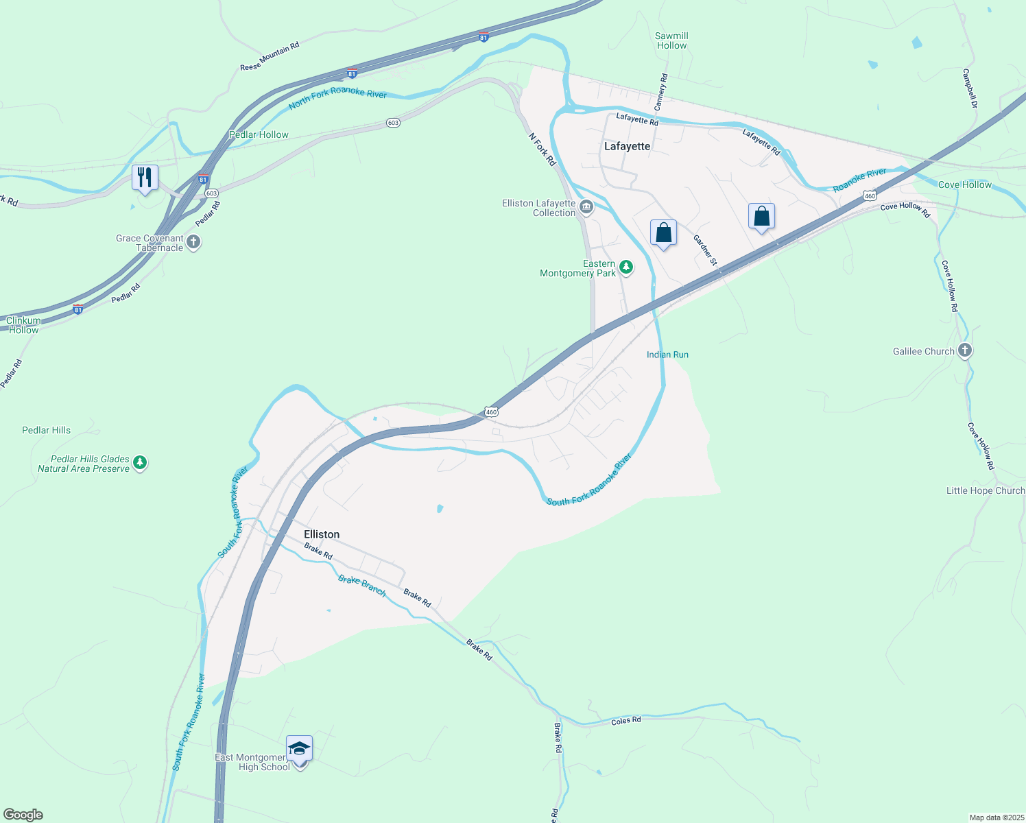 map of restaurants, bars, coffee shops, grocery stores, and more near 9694 Roanoke Road in Elliston
