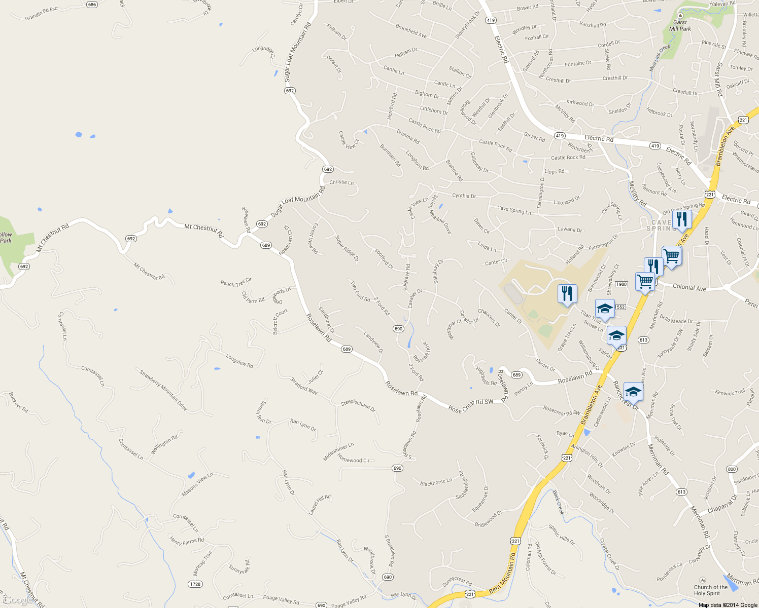 map of restaurants, bars, coffee shops, grocery stores, and more near 5997 State Route 690 in Cave Spring
