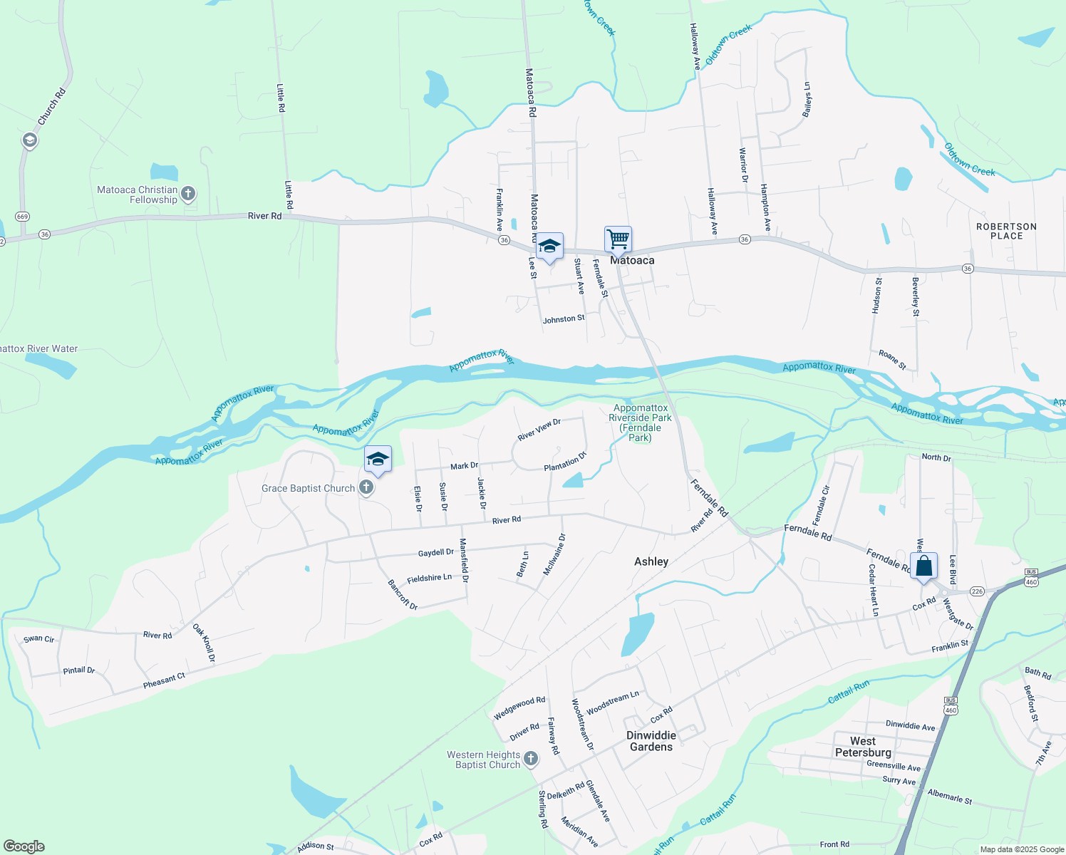 map of restaurants, bars, coffee shops, grocery stores, and more near 24410 River View Drive in Petersburg