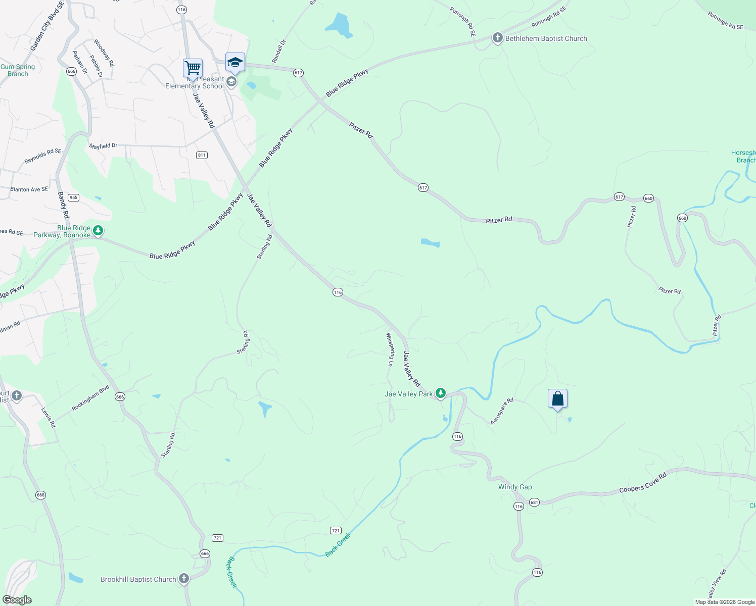 map of restaurants, bars, coffee shops, grocery stores, and more near 3656 Jae Valley Road in Roanoke