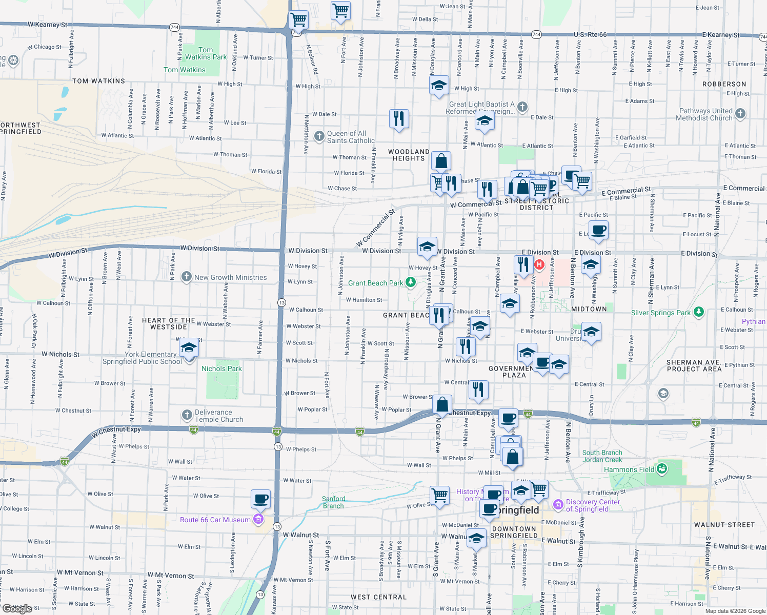 map of restaurants, bars, coffee shops, grocery stores, and more near 1301 North Broadway Avenue in Springfield