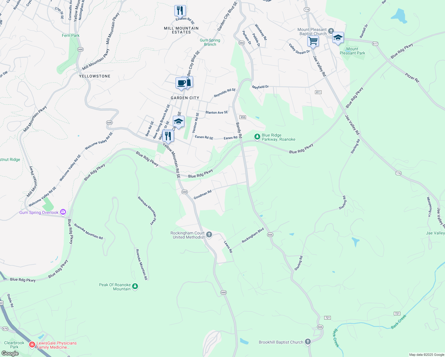 map of restaurants, bars, coffee shops, grocery stores, and more near 4730 Wood Rd in Roanoke