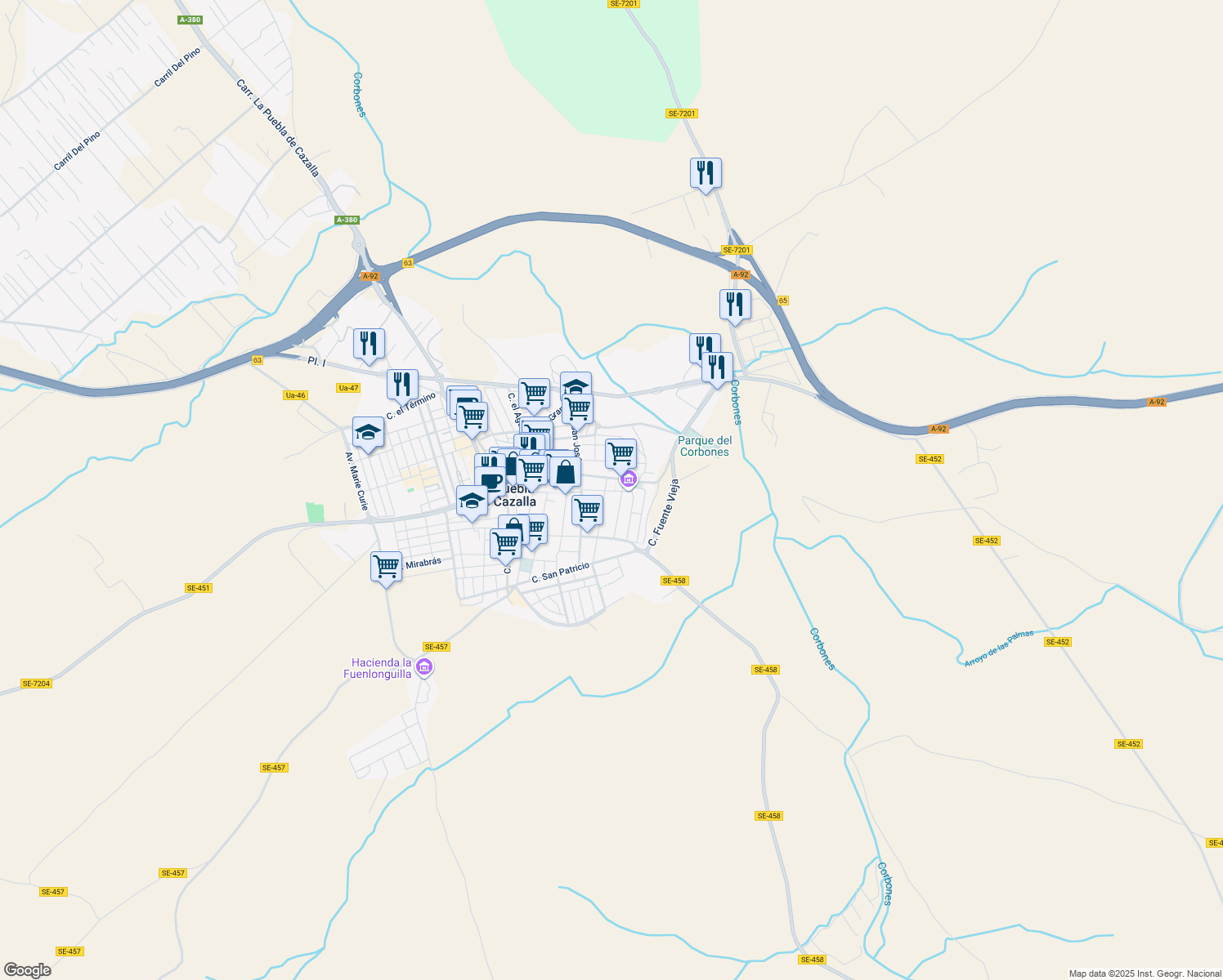 map of restaurants, bars, coffee shops, grocery stores, and more near 4 Calle Fábrica in La Puebla de Cazalla