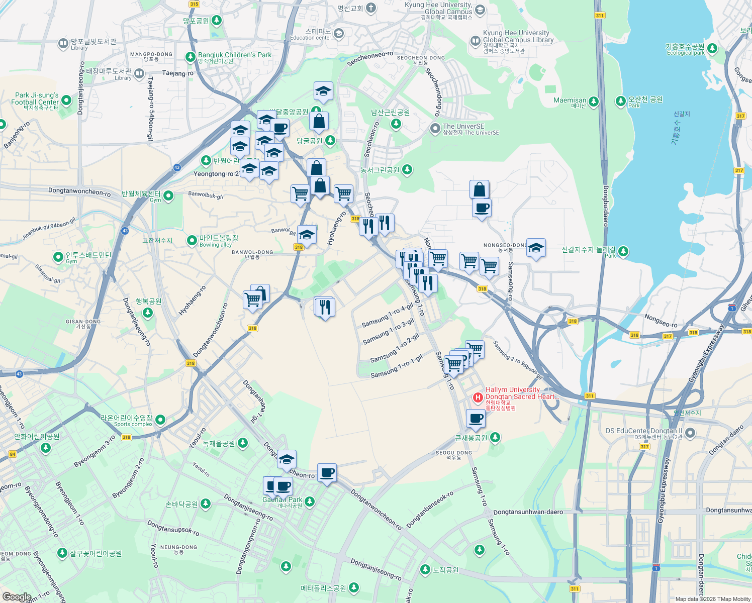 map of restaurants, bars, coffee shops, grocery stores, and more near in Hwaseong-si