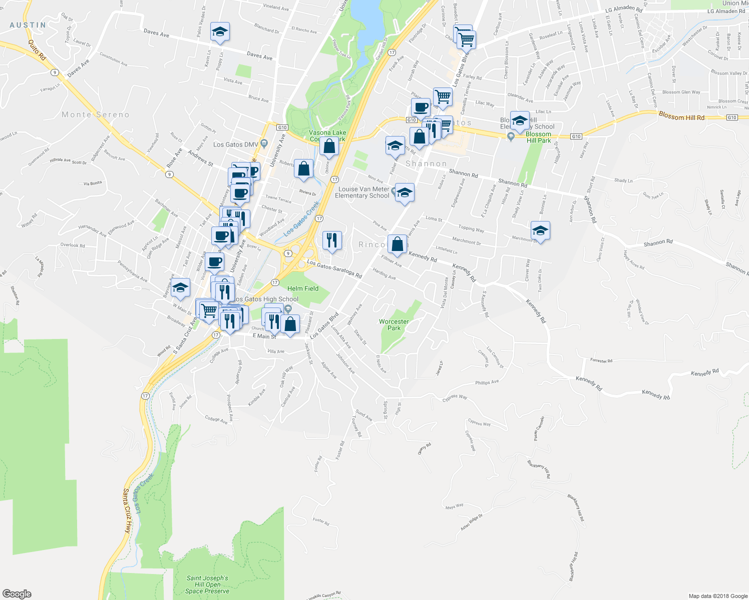 map of restaurants, bars, coffee shops, grocery stores, and more near 142 Wheeler Avenue in Los Gatos