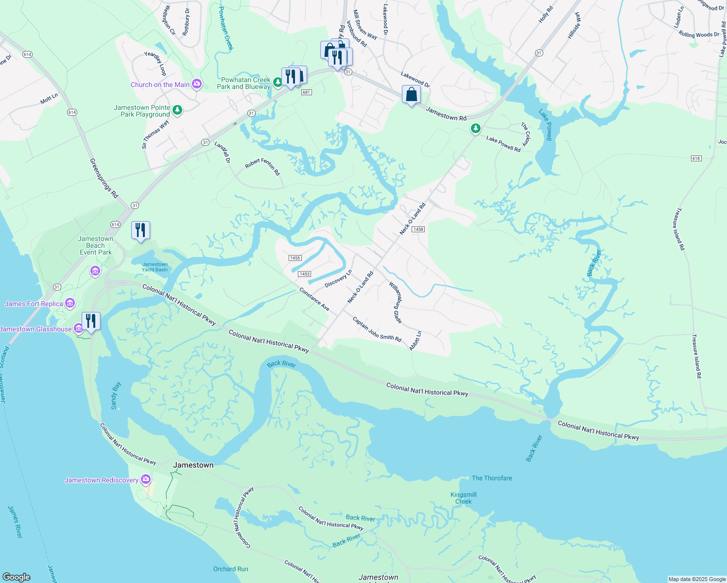 map of restaurants, bars, coffee shops, grocery stores, and more near 4720 Deliverance Drive in Williamsburg