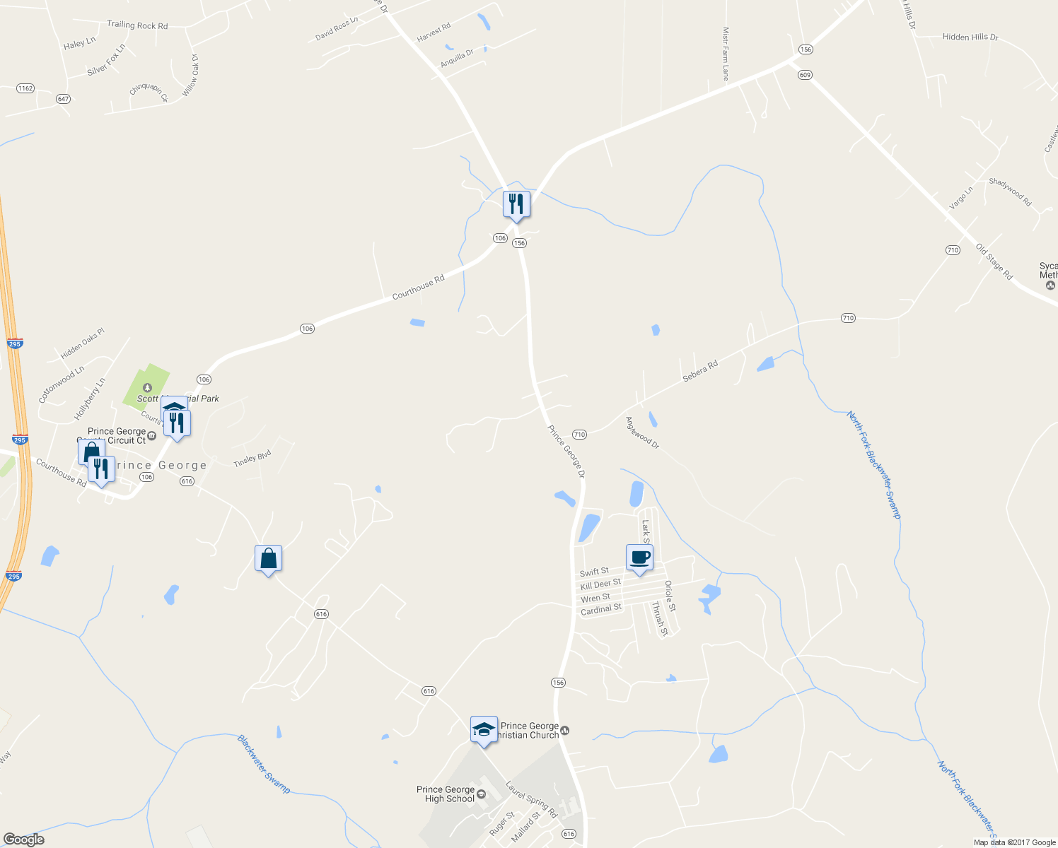 map of restaurants, bars, coffee shops, grocery stores, and more near 6500 Prince George Drive in Prince George