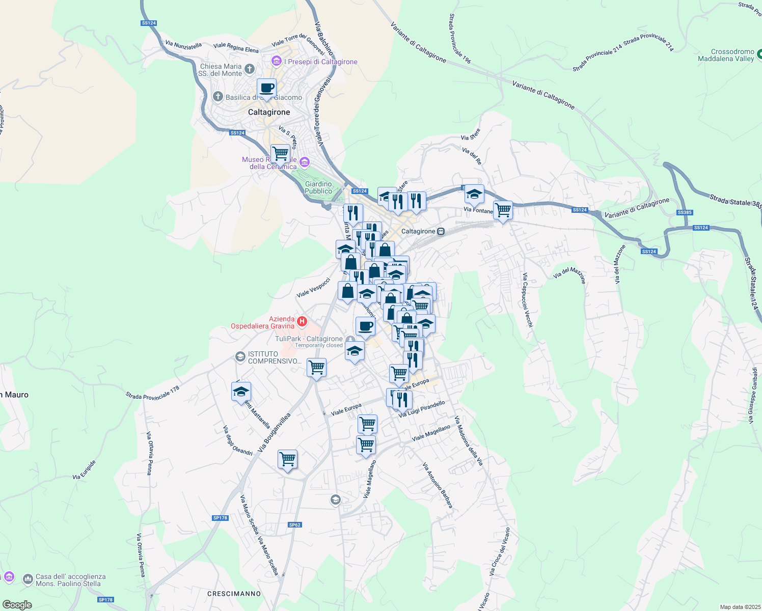 map of restaurants, bars, coffee shops, grocery stores, and more near 82 Viale Mario Milazzo in Caltagirone