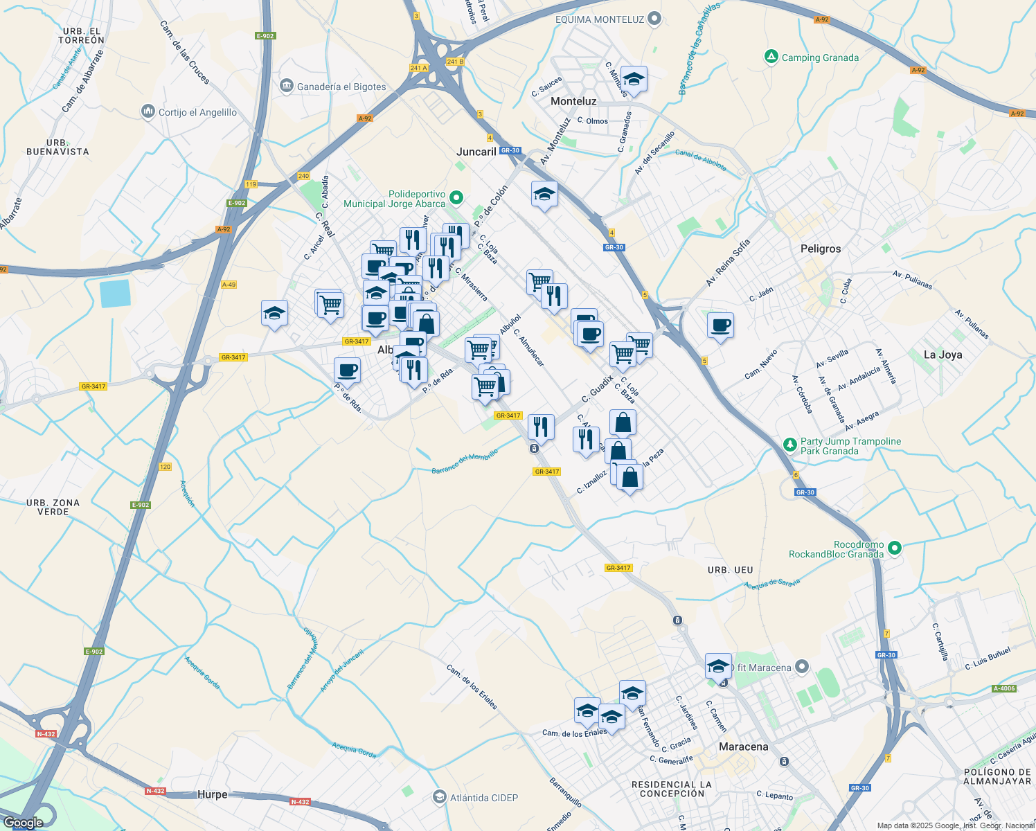 map of restaurants, bars, coffee shops, grocery stores, and more near in Albolote