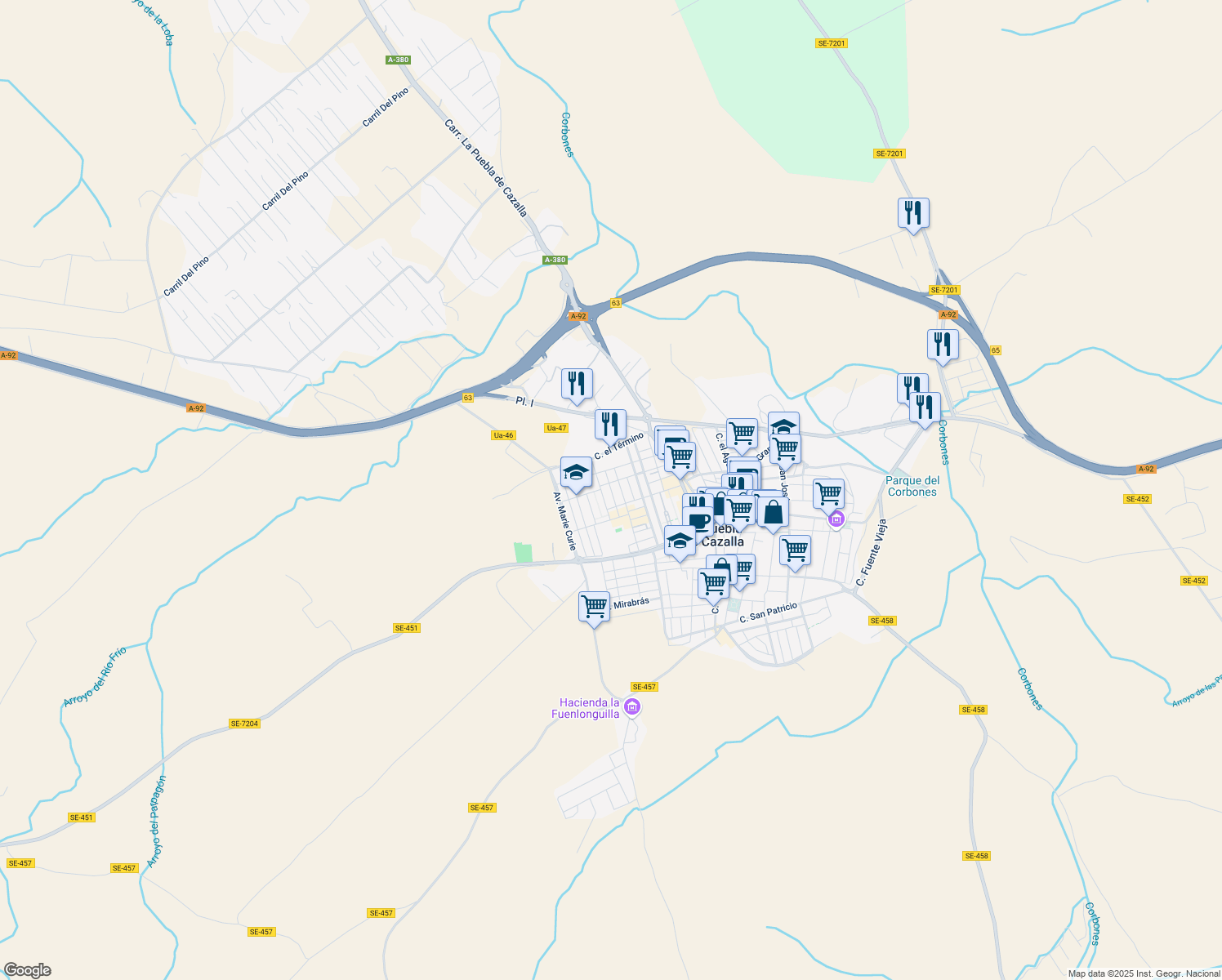 map of restaurants, bars, coffee shops, grocery stores, and more near Calle Miguel Hernández in La Puebla de Cazalla