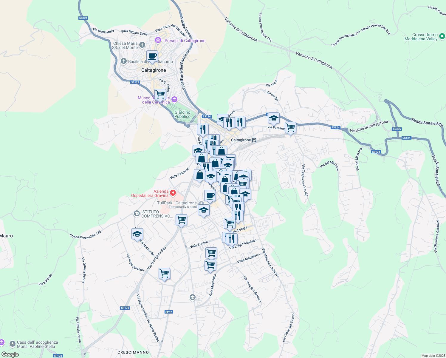 map of restaurants, bars, coffee shops, grocery stores, and more near 82 Viale M. Milazzo in Caltagirone