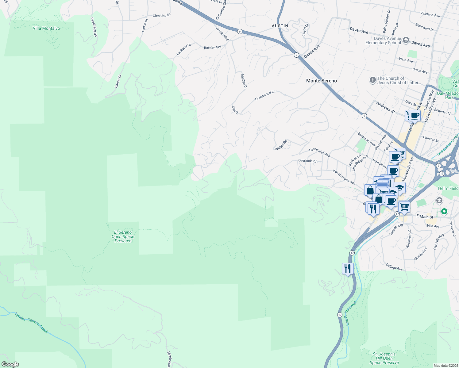 map of restaurants, bars, coffee shops, grocery stores, and more near 18860 Overlook Road in Los Gatos