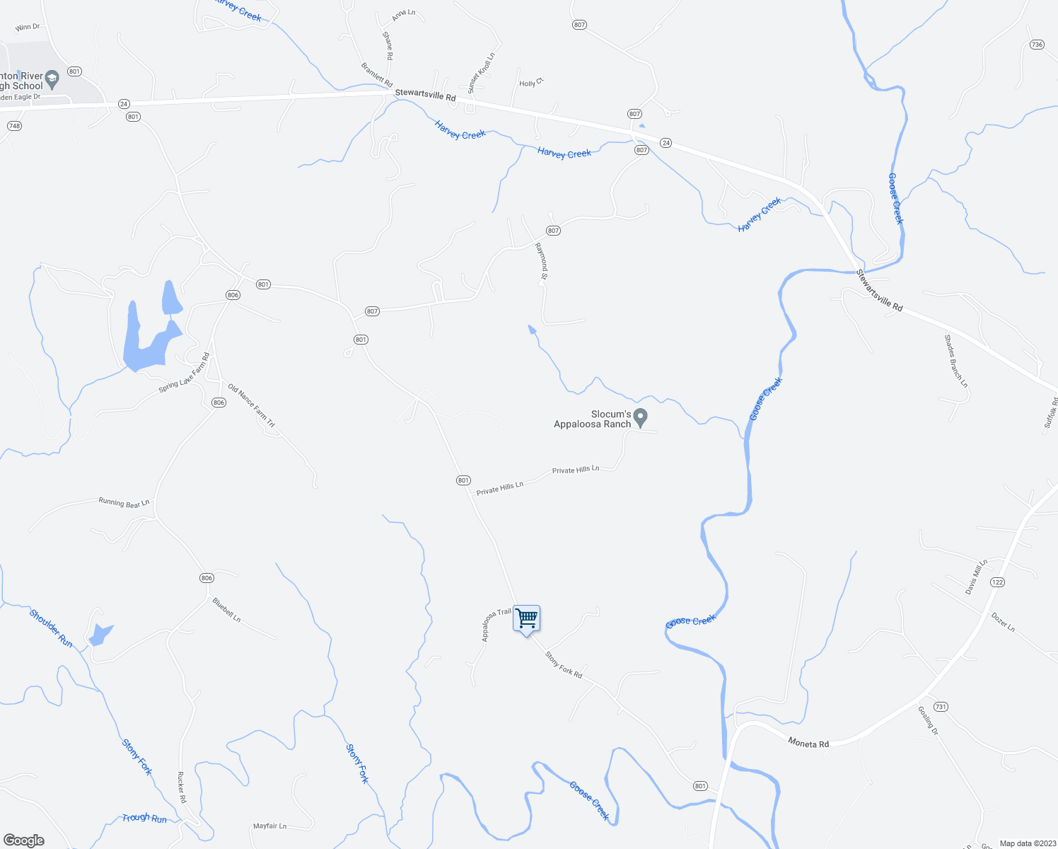 map of restaurants, bars, coffee shops, grocery stores, and more near 2626 Stony Fork Road in Moneta