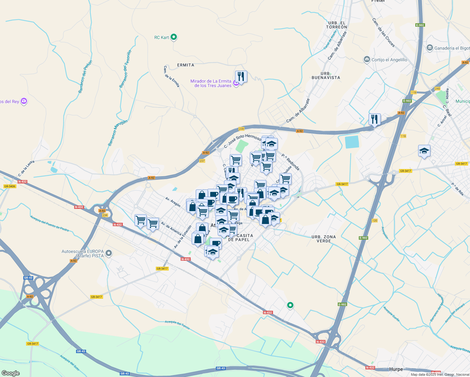 map of restaurants, bars, coffee shops, grocery stores, and more near 6 Calle Santiago López Castro in Atarfe