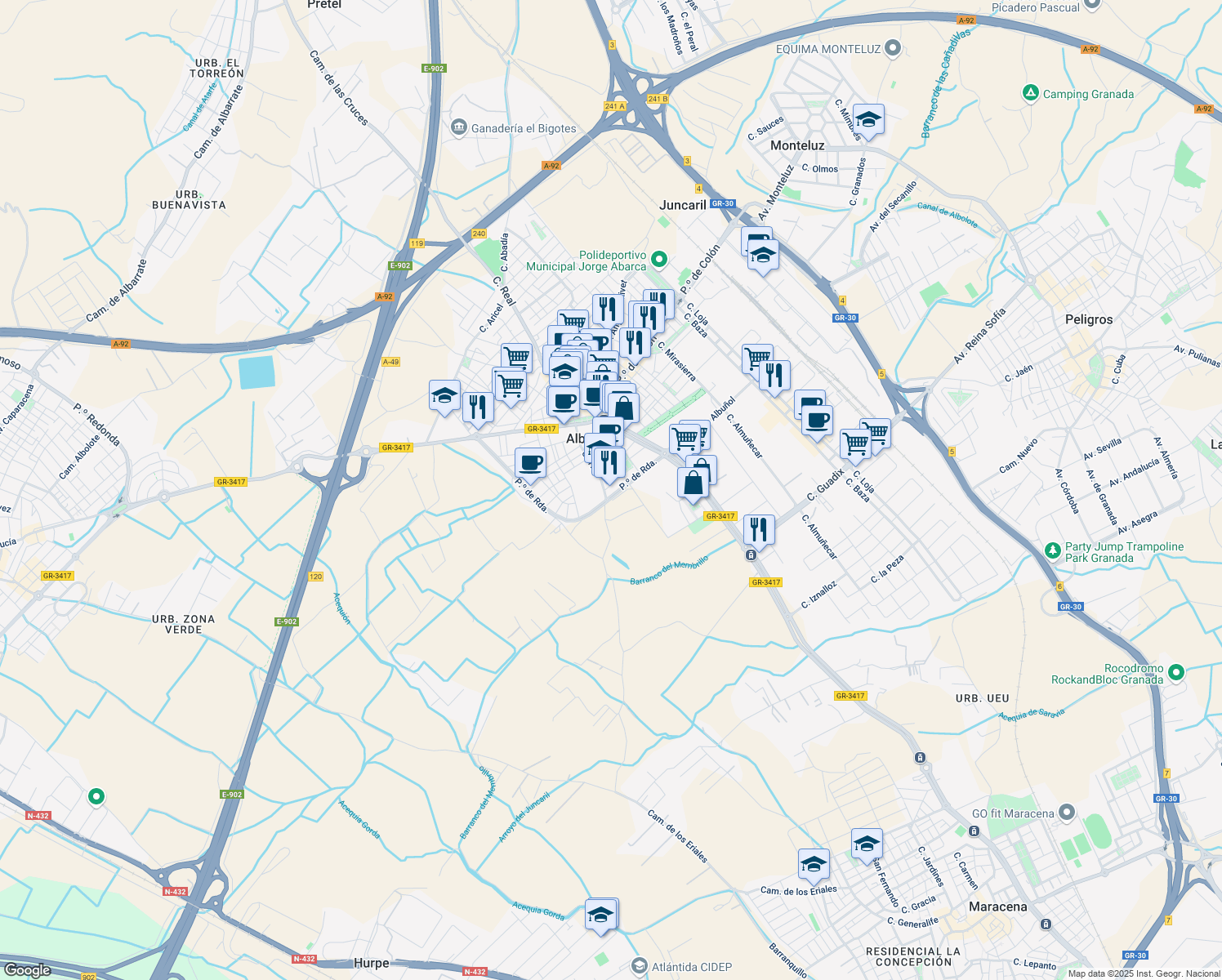 map of restaurants, bars, coffee shops, grocery stores, and more near 2 Calle Reina Fabiola in Albolote