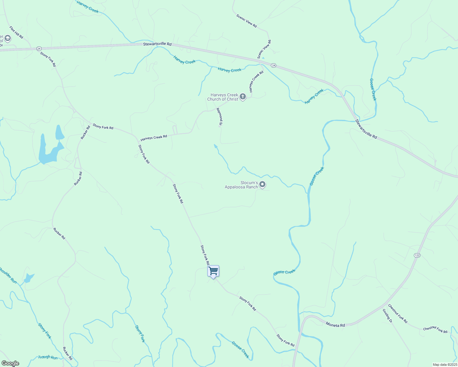 map of restaurants, bars, coffee shops, grocery stores, and more near 2626 Stony Fork Road in Moneta