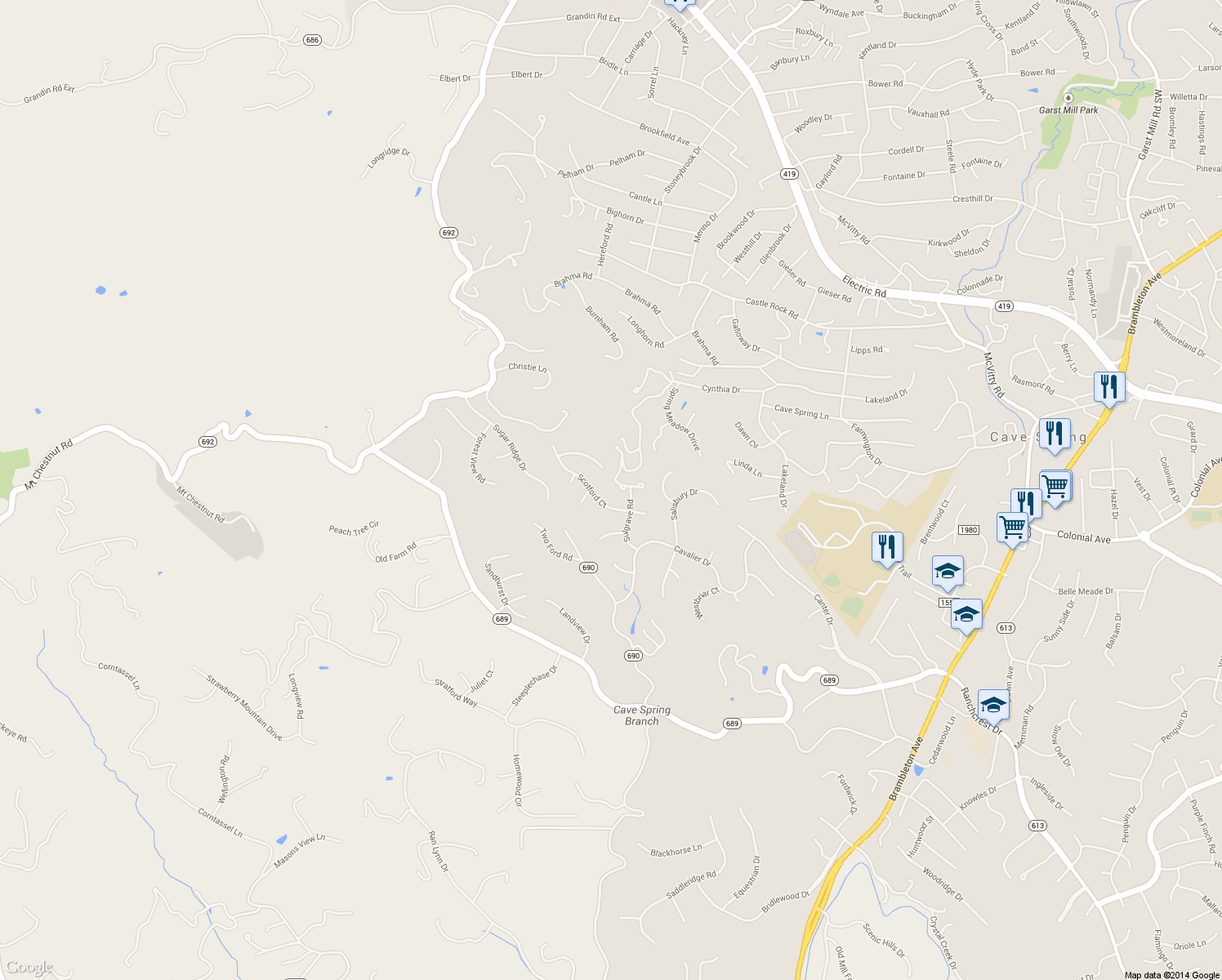 map of restaurants, bars, coffee shops, grocery stores, and more near 6116 Wertz Orchard Rd in Roanoke