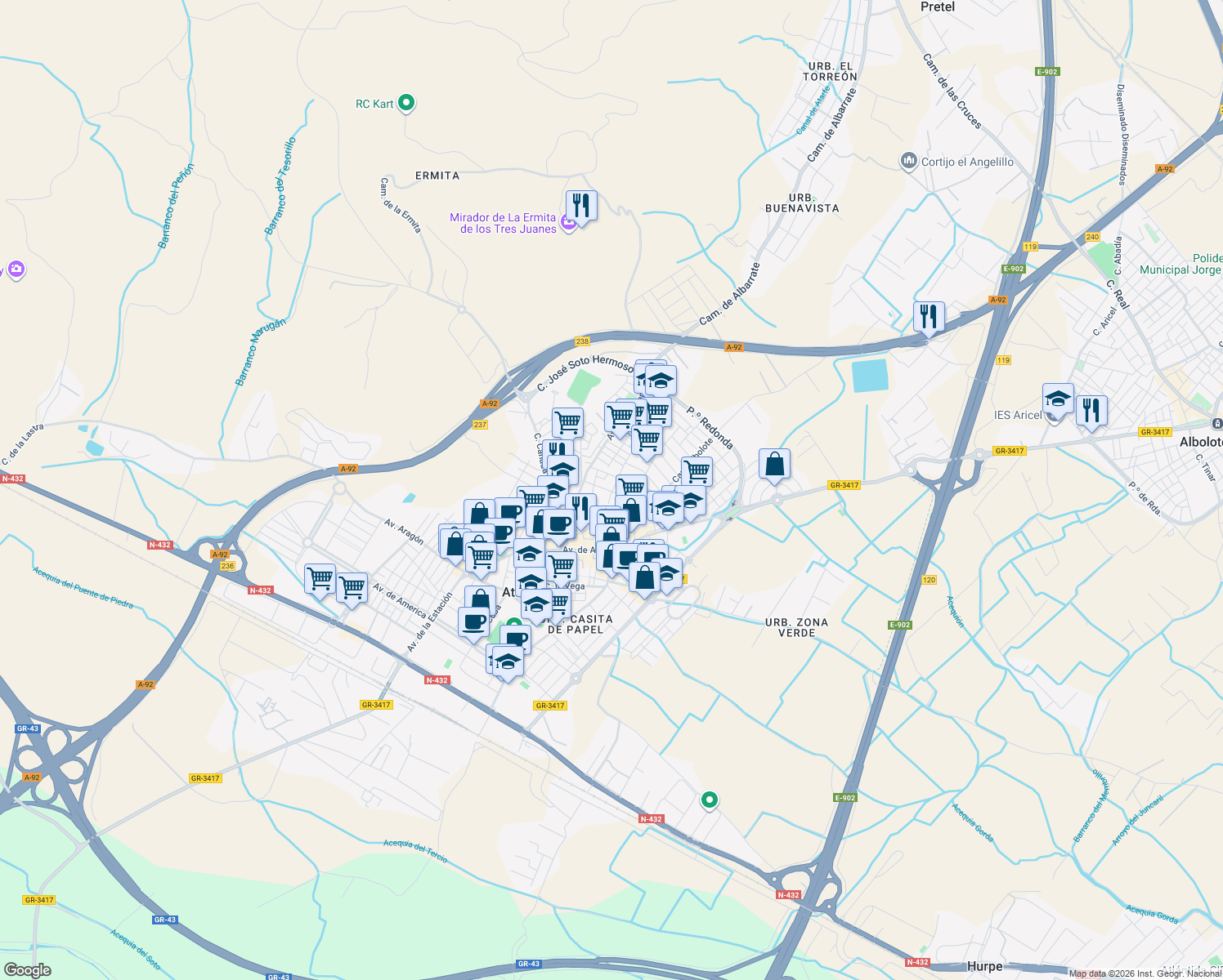 map of restaurants, bars, coffee shops, grocery stores, and more near 51 Calle Cedazos in Atarfe