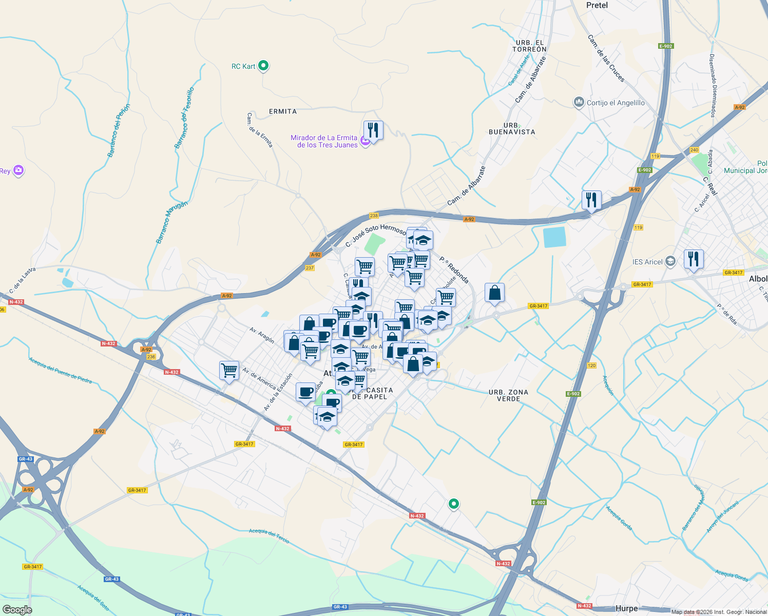 map of restaurants, bars, coffee shops, grocery stores, and more near 51 Calle Cedazos in Atarfe