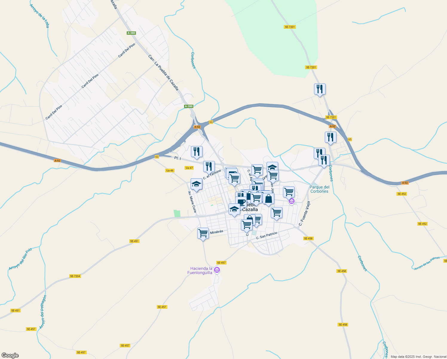 map of restaurants, bars, coffee shops, grocery stores, and more near 11 Calle Tirso de Molina in La Puebla de Cazalla