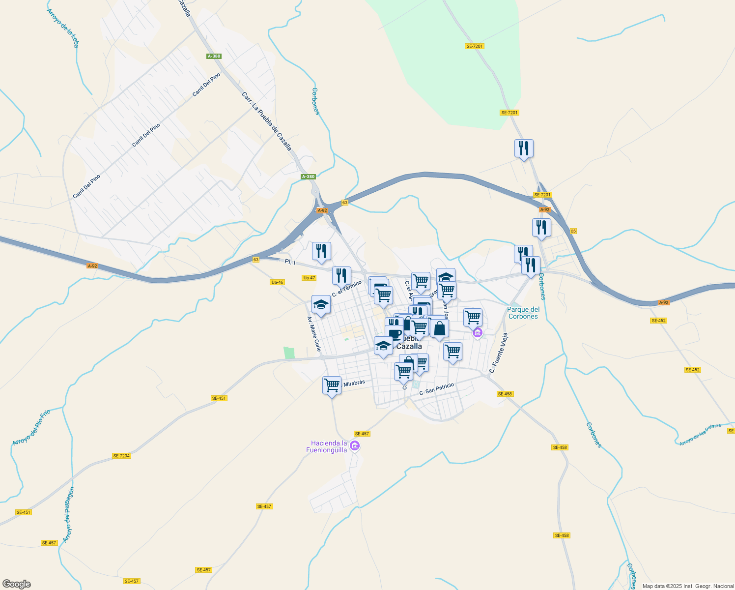 map of restaurants, bars, coffee shops, grocery stores, and more near 11 Calle Tirso de Molina in La Puebla de Cazalla
