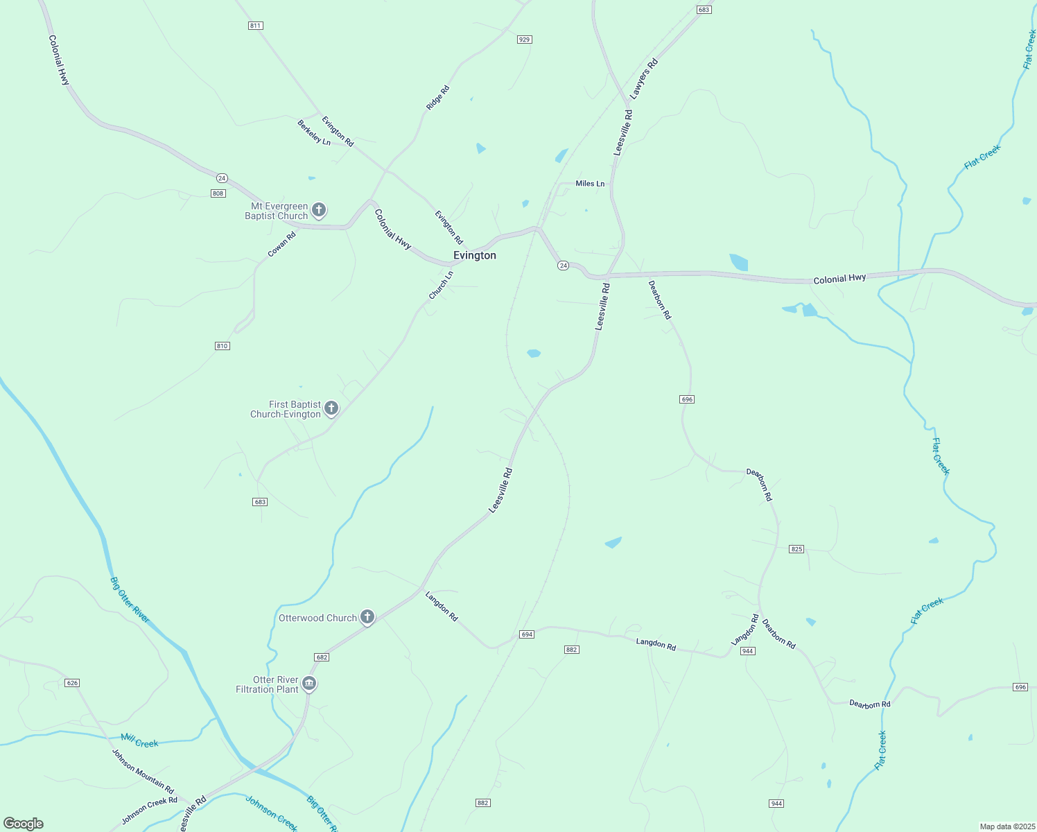 map of restaurants, bars, coffee shops, grocery stores, and more near 10892 Leesville Road in Evington