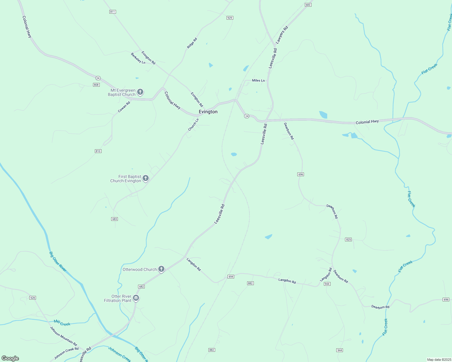 map of restaurants, bars, coffee shops, grocery stores, and more near 10892 Leesville Road in Evington