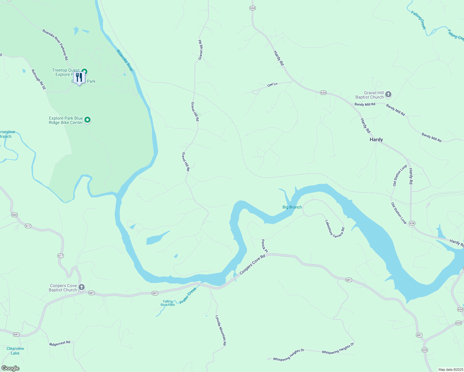 map of restaurants, bars, coffee shops, grocery stores, and more near 1367 Hickory Chase Lane in Vinton