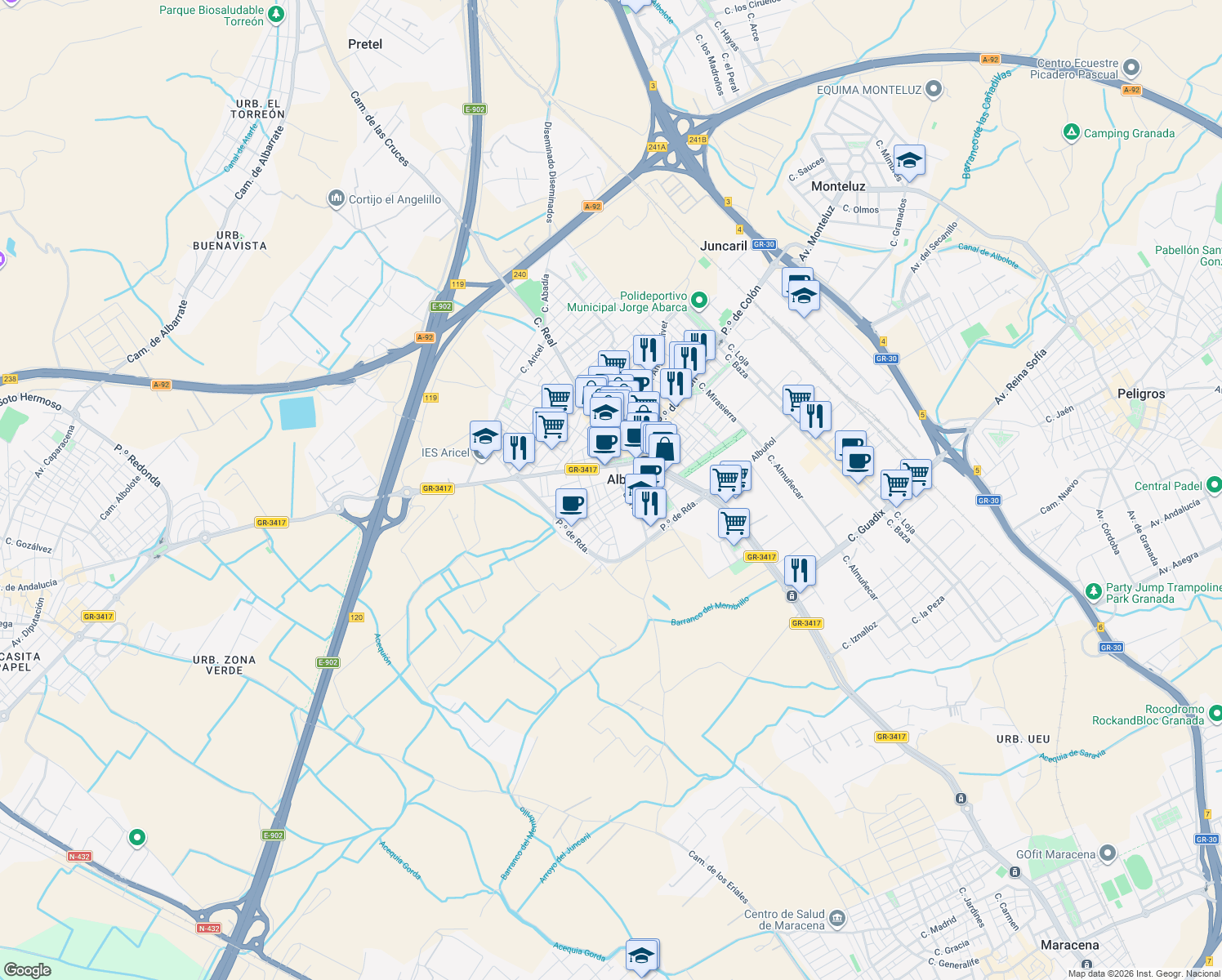 map of restaurants, bars, coffee shops, grocery stores, and more near 6 Calle la Paz in Albolote