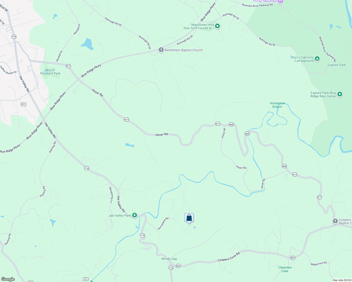 map of restaurants, bars, coffee shops, grocery stores, and more near 3983 Pitzer Rd in Roanoke