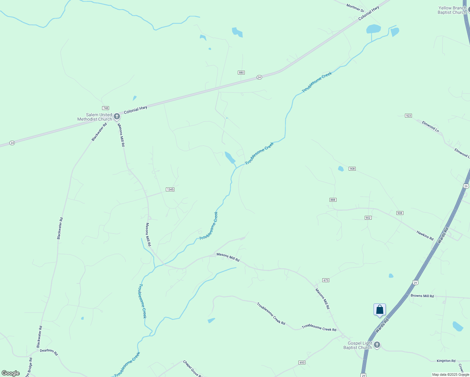 map of restaurants, bars, coffee shops, grocery stores, and more near 927 Two Bid Road in Evington