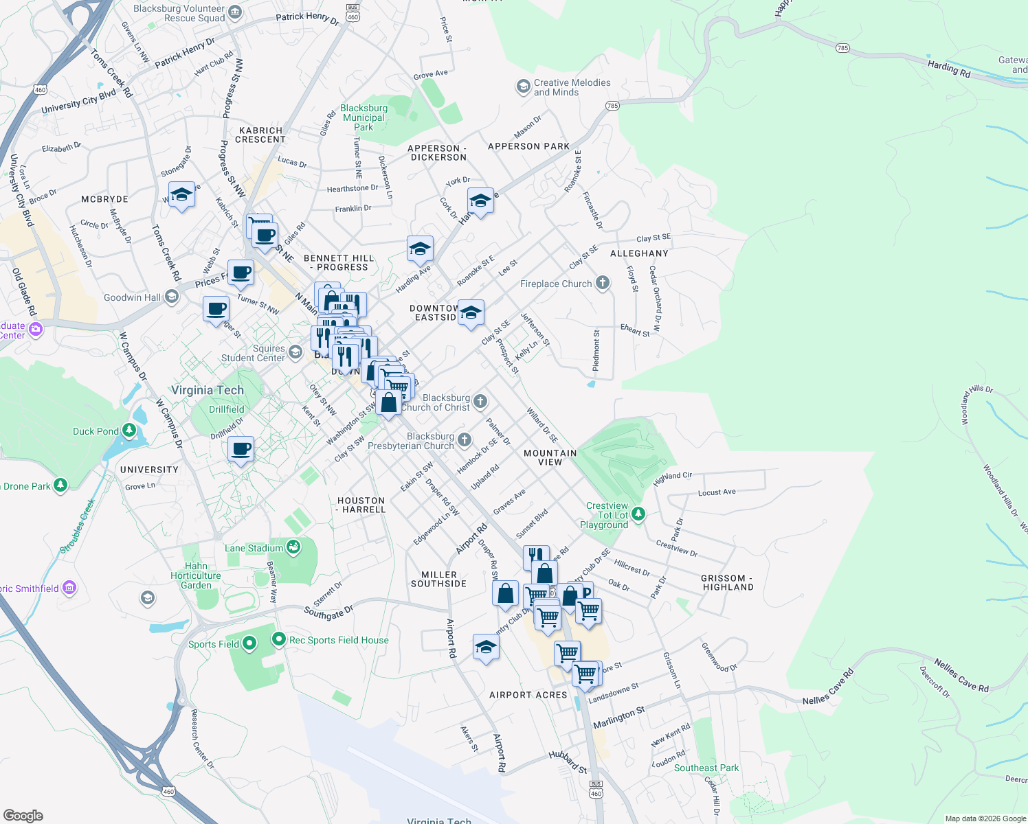 map of restaurants, bars, coffee shops, grocery stores, and more near 711 Kentwood Drive in Blacksburg