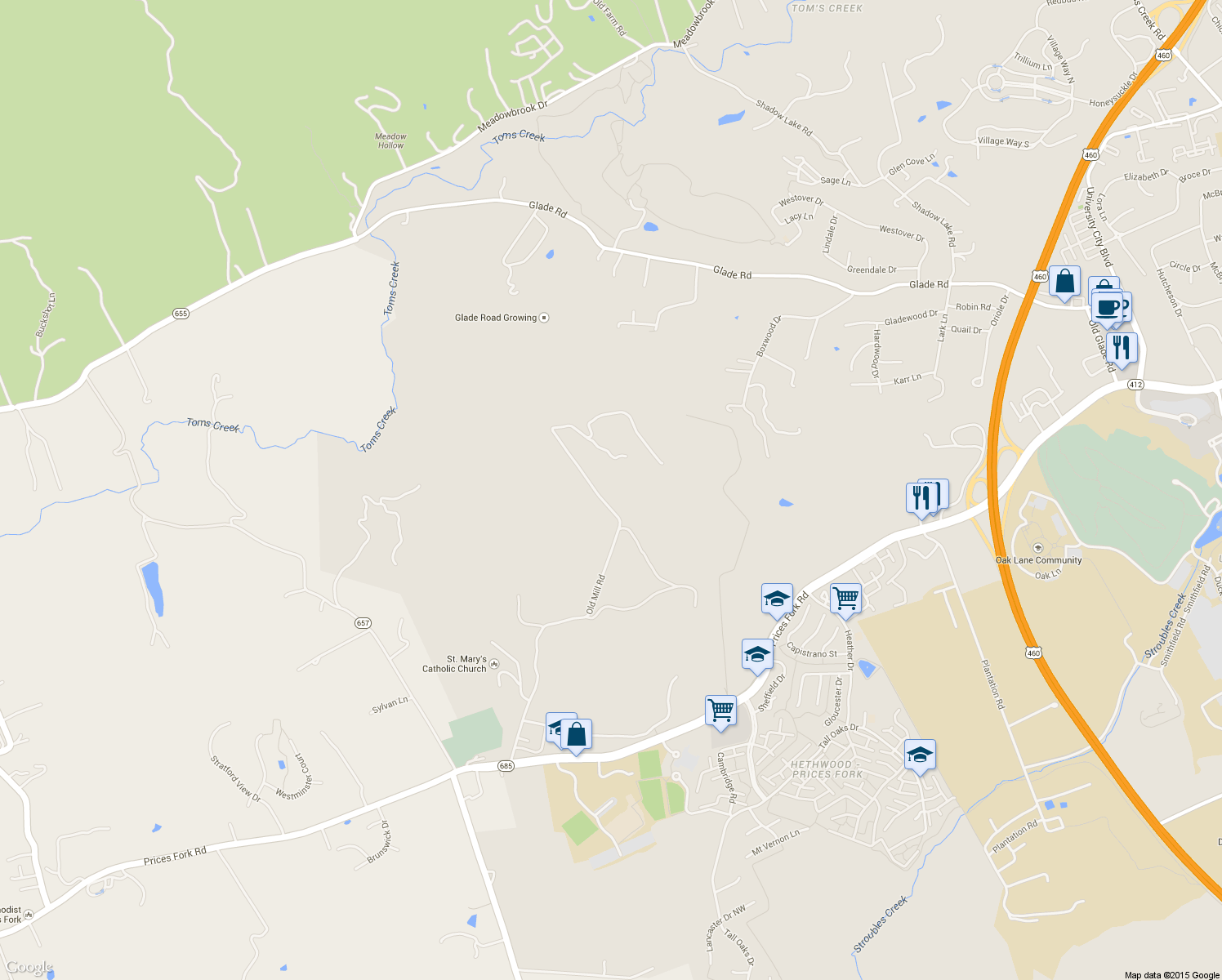 map of restaurants, bars, coffee shops, grocery stores, and more near 1610 Old Mill Road in Blacksburg