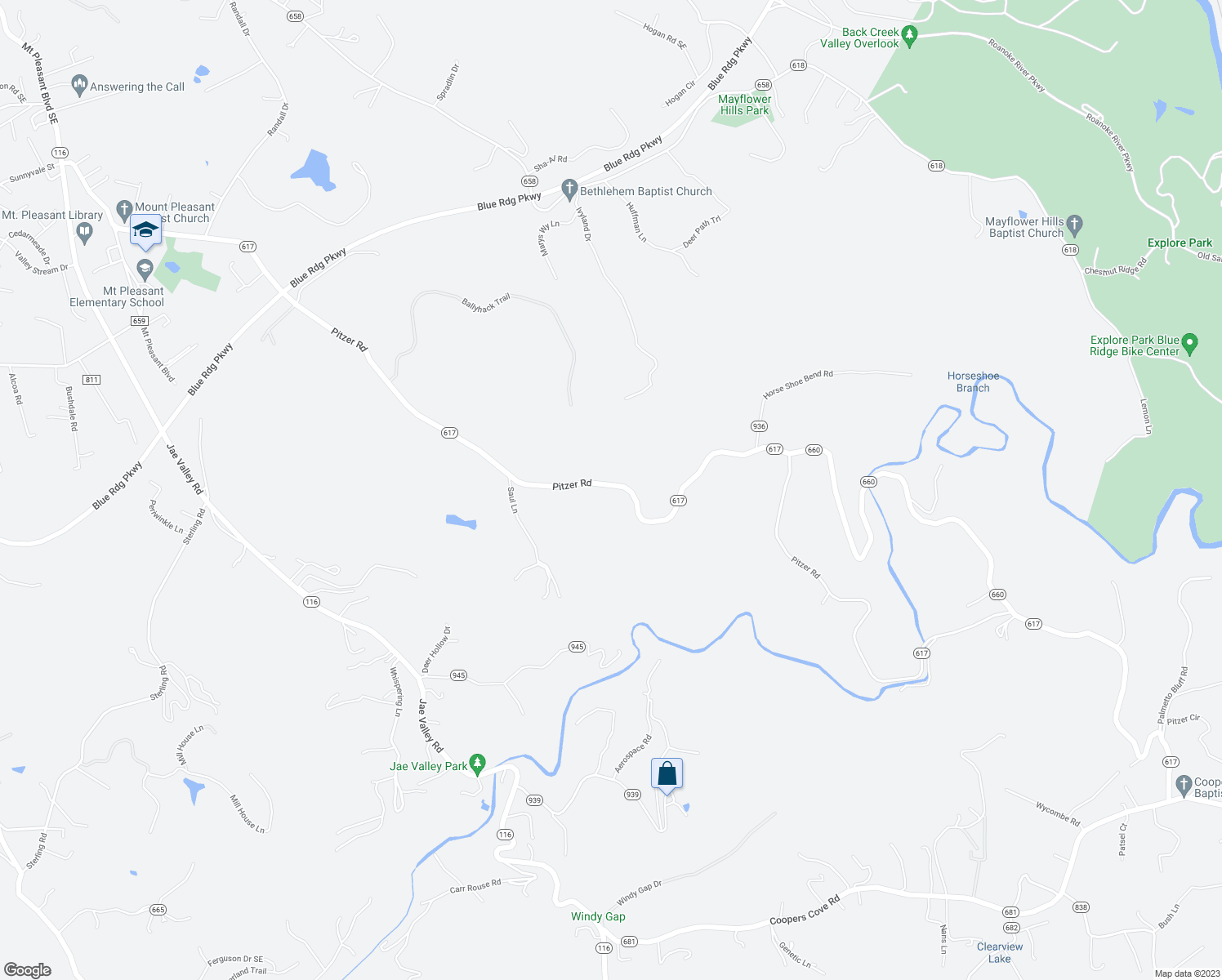 map of restaurants, bars, coffee shops, grocery stores, and more near 3933 Pitzer Road in Roanoke