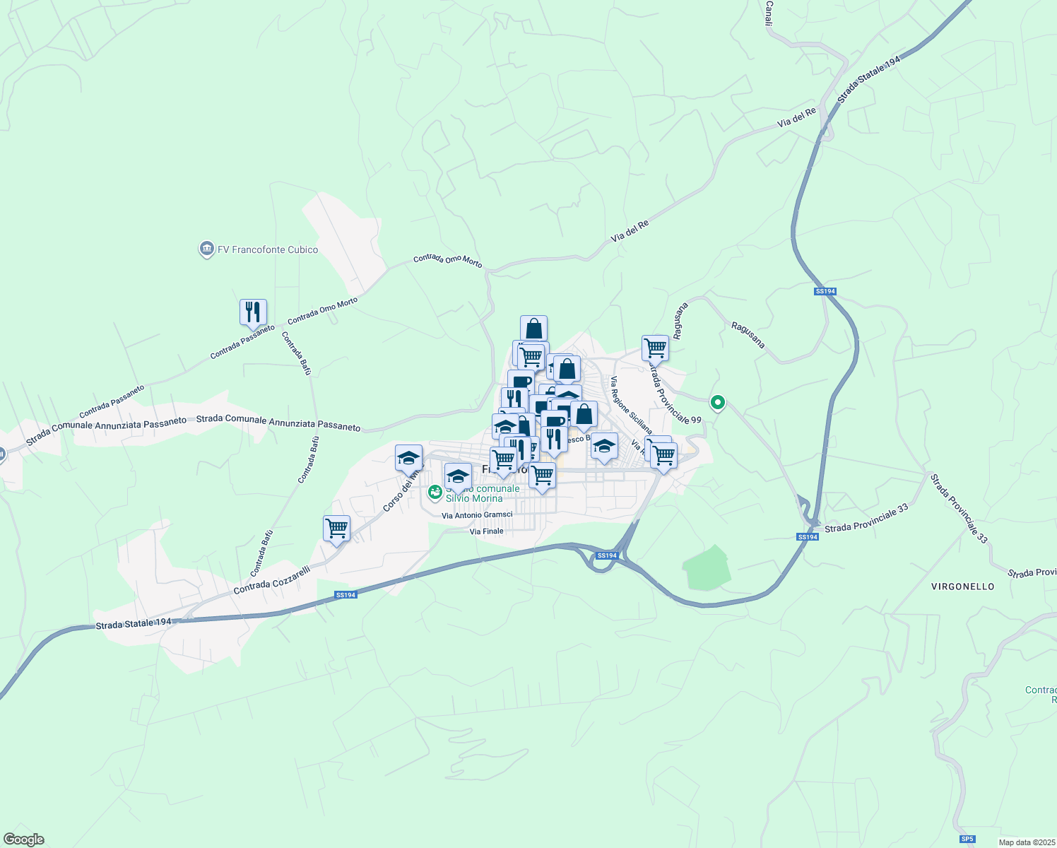 map of restaurants, bars, coffee shops, grocery stores, and more near 68 Via Aurelio Saffi in Francofonte