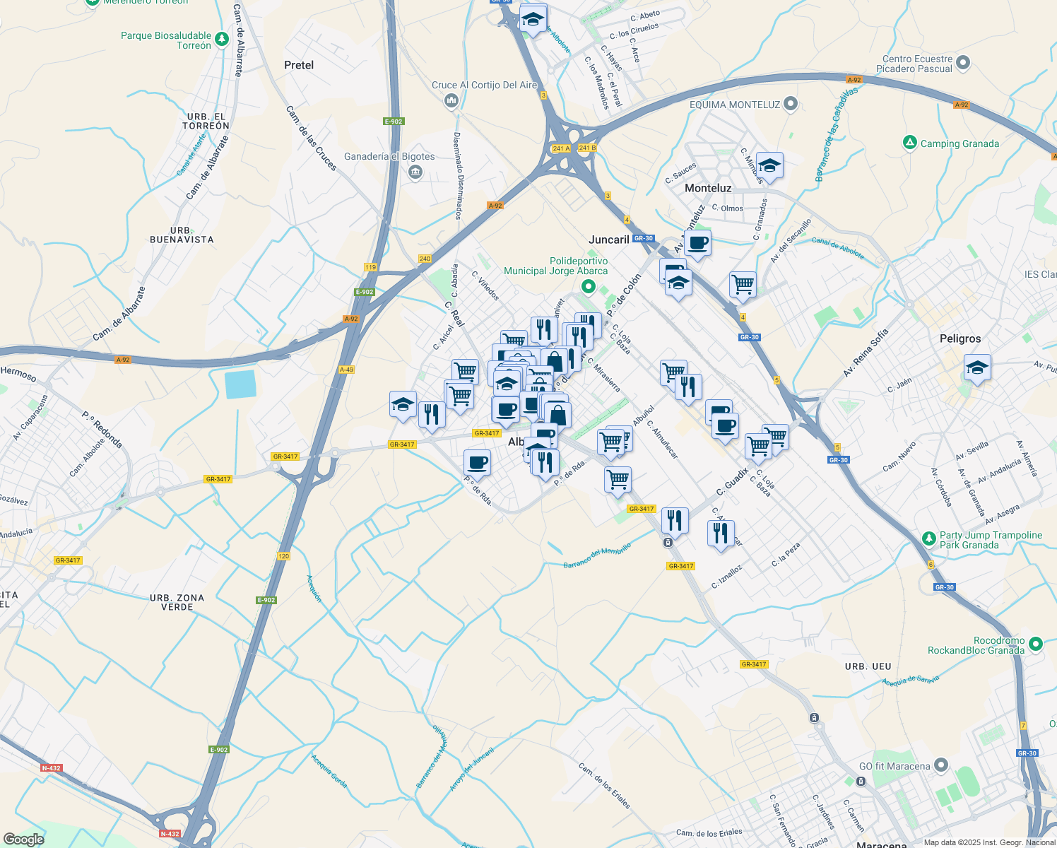 map of restaurants, bars, coffee shops, grocery stores, and more near in Albolote