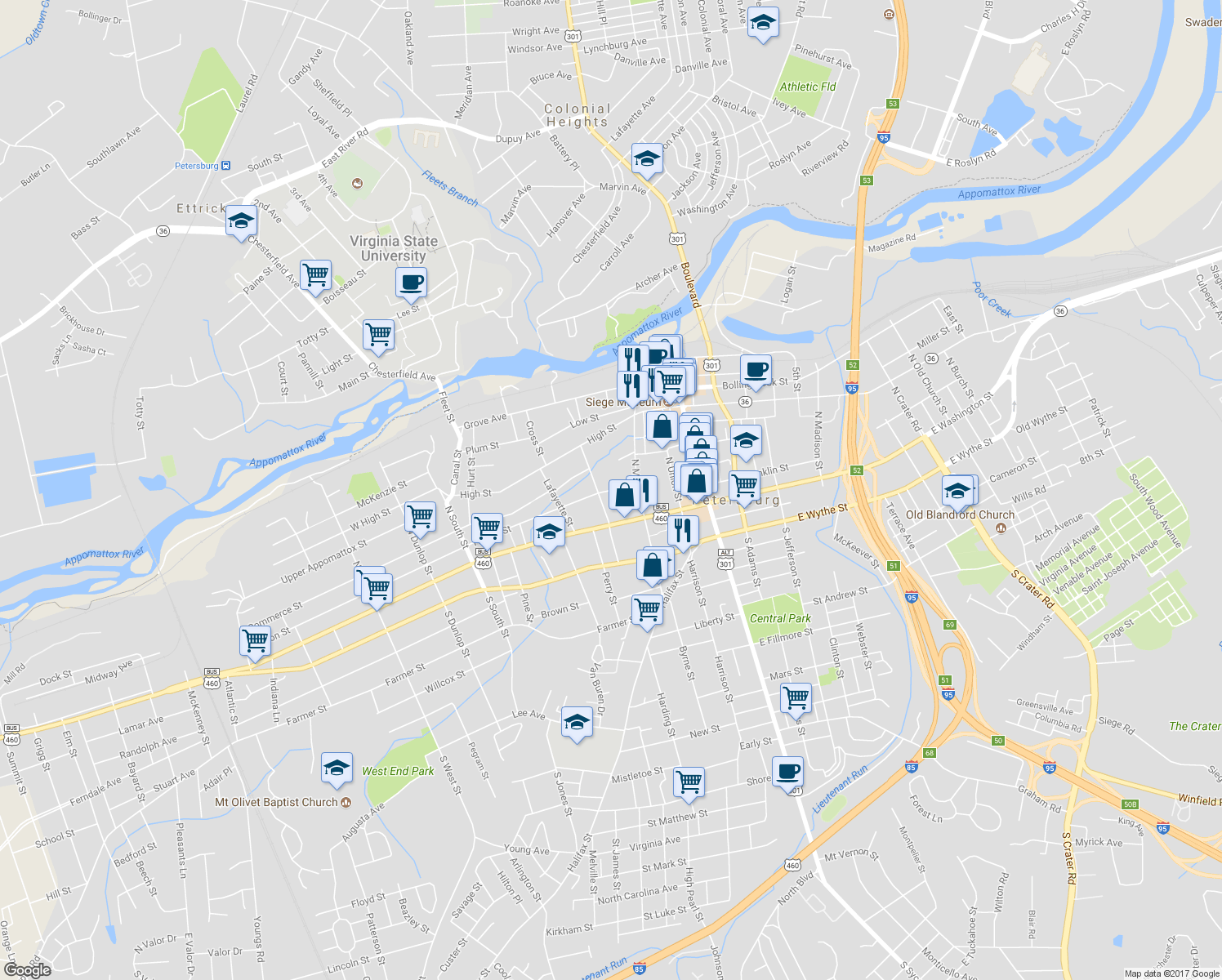 map of restaurants, bars, coffee shops, grocery stores, and more near 247 Hinton Street in Petersburg