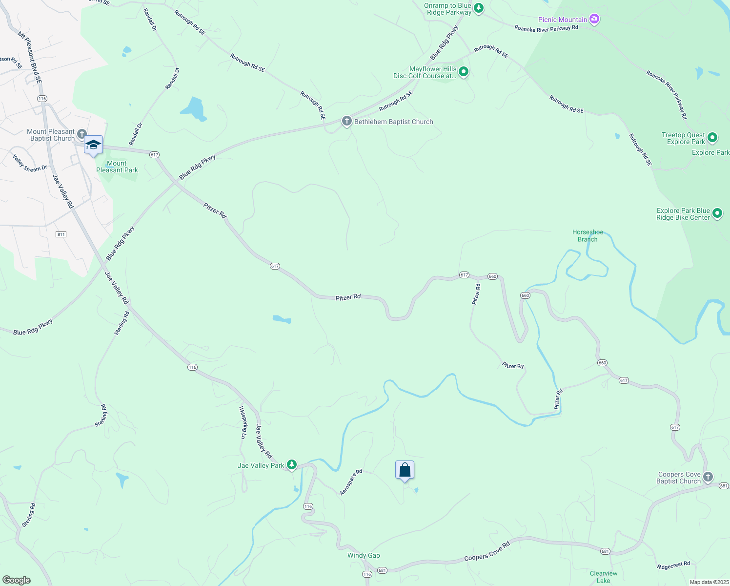 map of restaurants, bars, coffee shops, grocery stores, and more near 3916 Pitzer Road in Roanoke