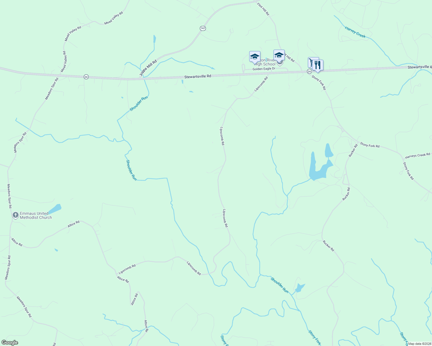 map of restaurants, bars, coffee shops, grocery stores, and more near 2023 Lipscomb Road in Moneta