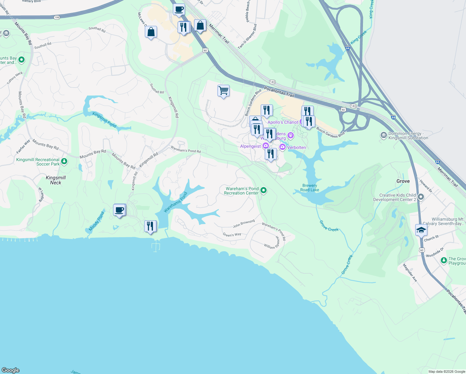 map of restaurants, bars, coffee shops, grocery stores, and more near 125 Jeffersons Hundred in Williamsburg
