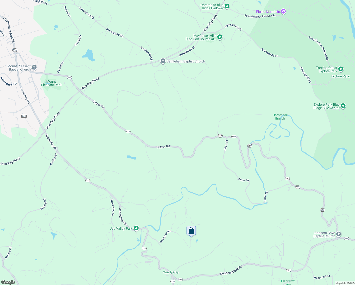 map of restaurants, bars, coffee shops, grocery stores, and more near 3916 Pitzer Road in Roanoke