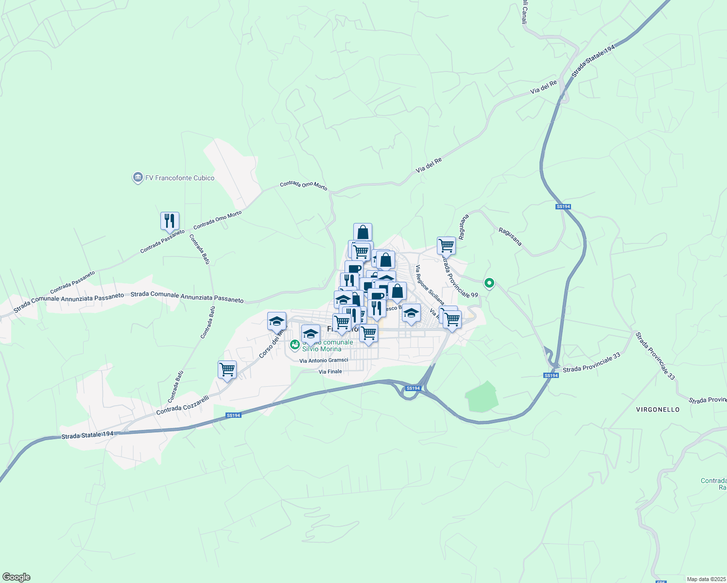 map of restaurants, bars, coffee shops, grocery stores, and more near 68 Via Aurelio Saffi in Francofonte