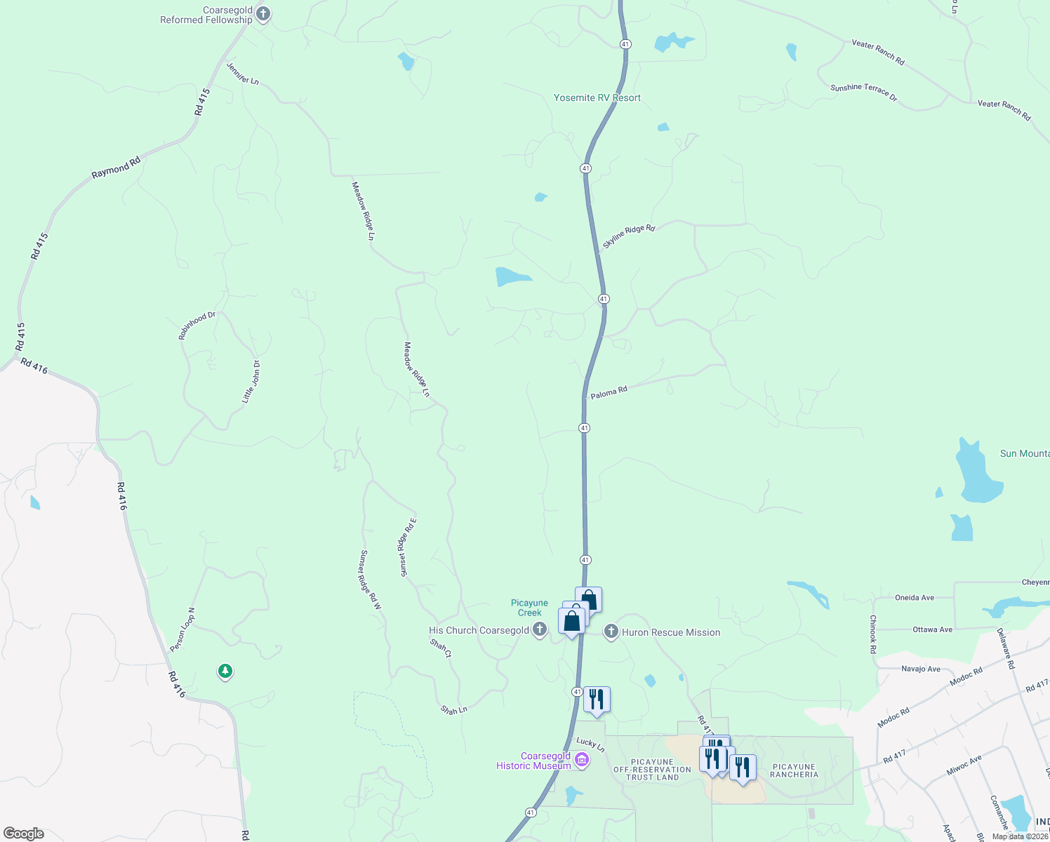 map of restaurants, bars, coffee shops, grocery stores, and more near 33034 Creek Ranch Road in Coarsegold