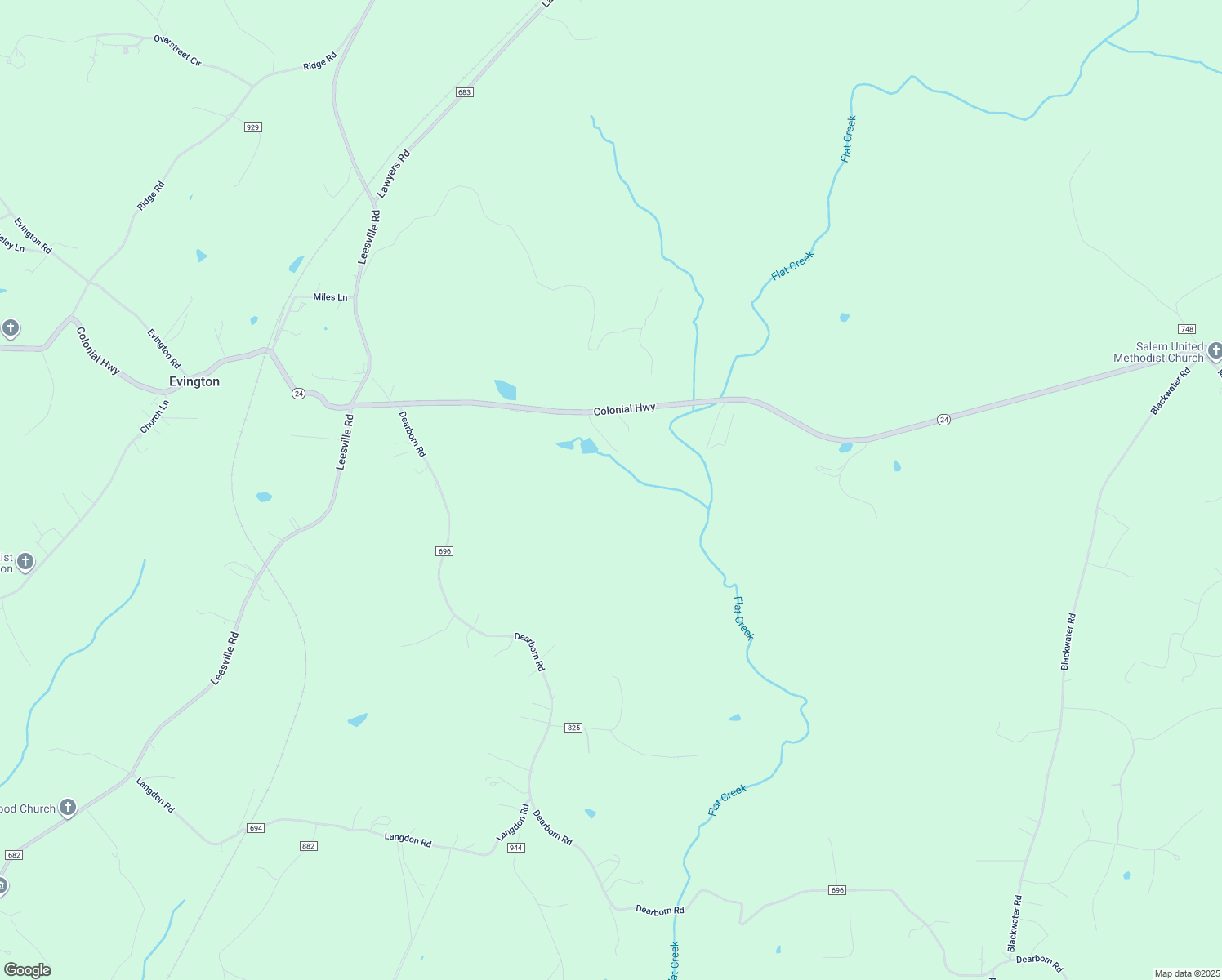 map of restaurants, bars, coffee shops, grocery stores, and more near 9412 Colonial Highway in Evington