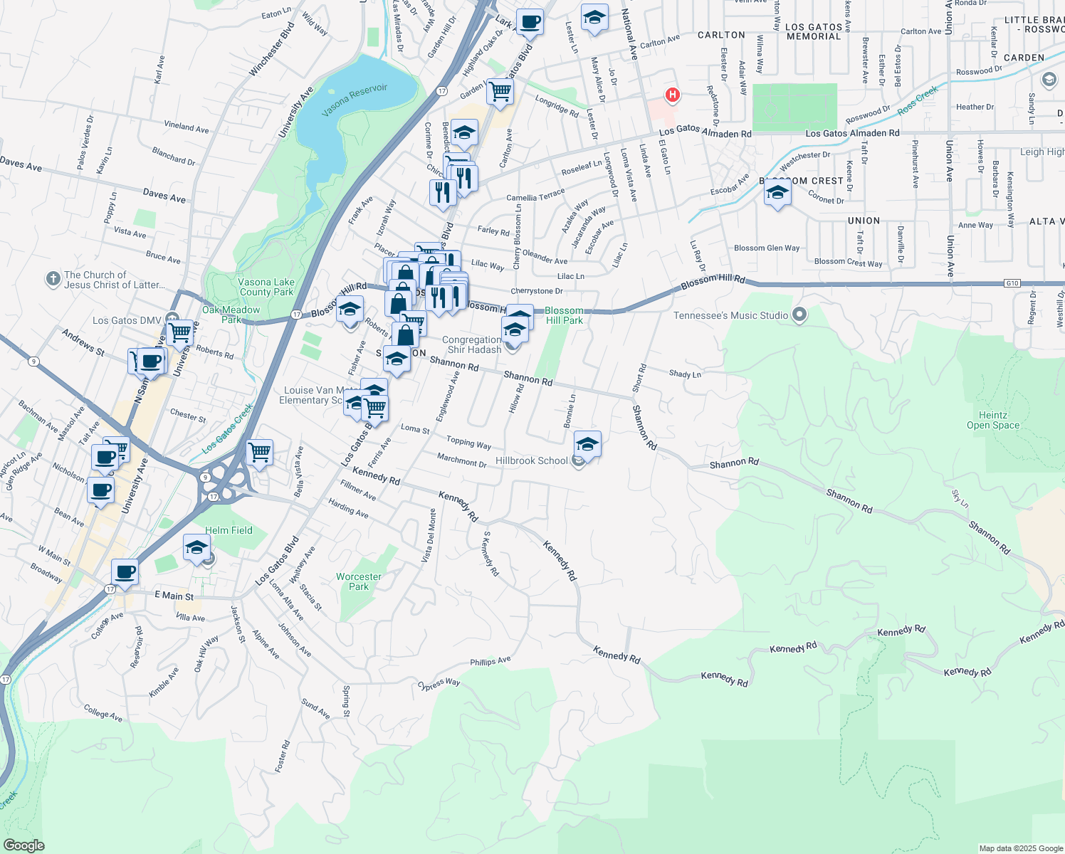 map of restaurants, bars, coffee shops, grocery stores, and more near 16464 Shady View Lane in Los Gatos