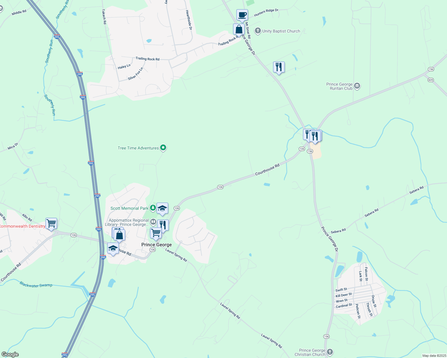 map of restaurants, bars, coffee shops, grocery stores, and more near 7118 Courthouse Road in Prince George