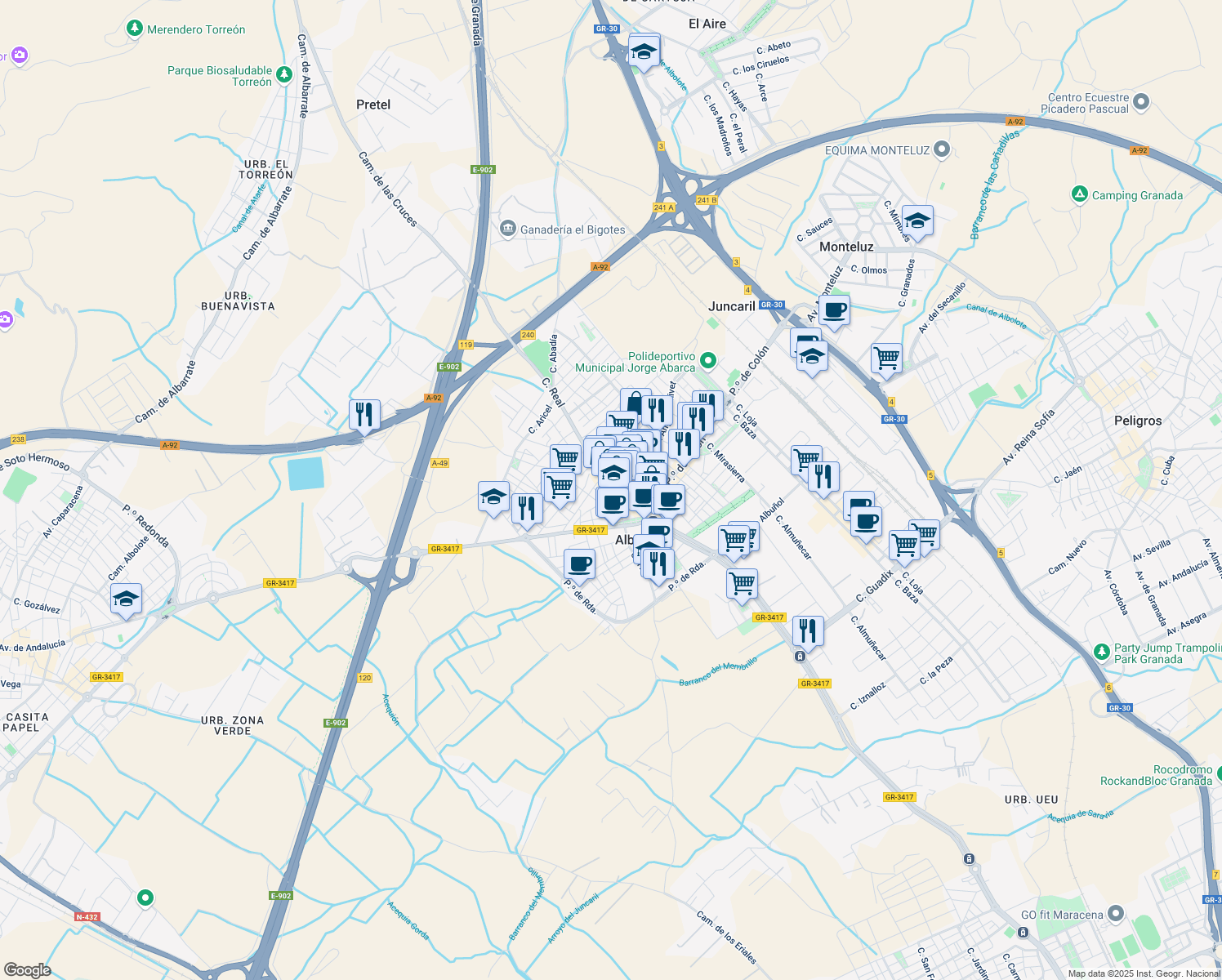 map of restaurants, bars, coffee shops, grocery stores, and more near 15 Calle Granada in Albolote