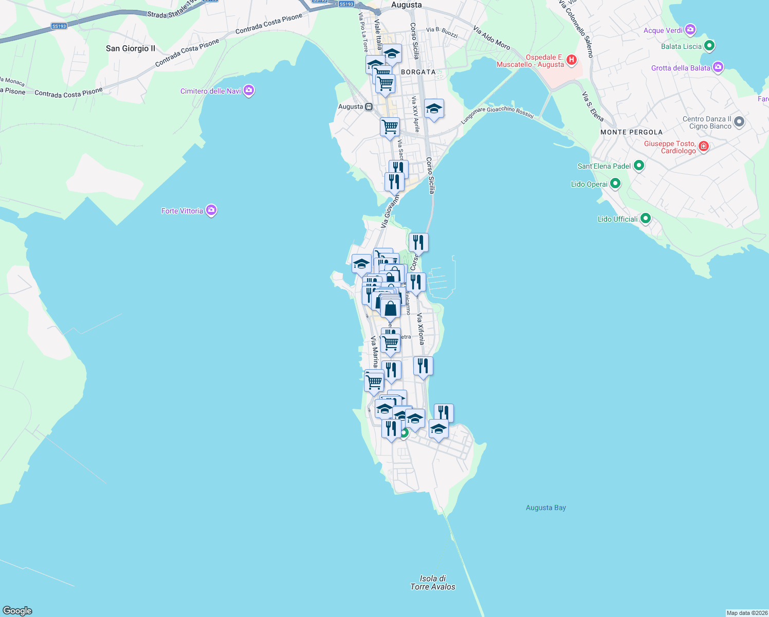 map of restaurants, bars, coffee shops, grocery stores, and more near 126 Via Principe Umberto in Augusta